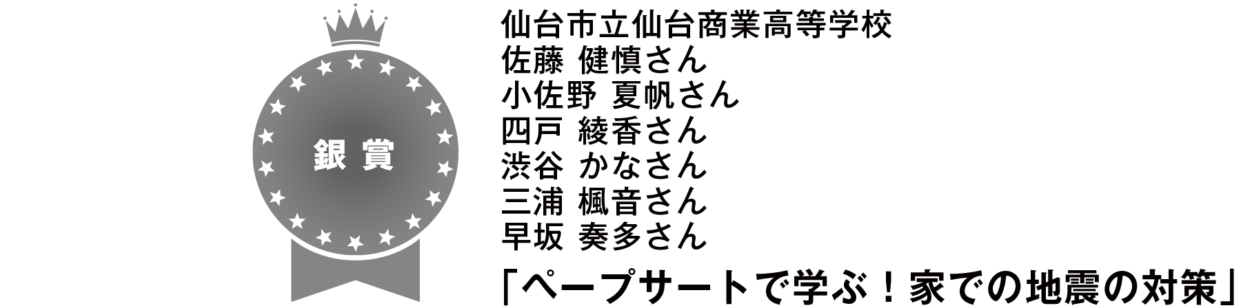 【銀賞】
仙台市立仙台商業高等学校
佐藤 健慎さん
小佐野 夏帆さん
四戸 綾香さん
渋谷 かなさん
三浦 楓音さん
早坂 奏多さん
「ペープサートで学ぶ！家での地震の対策」